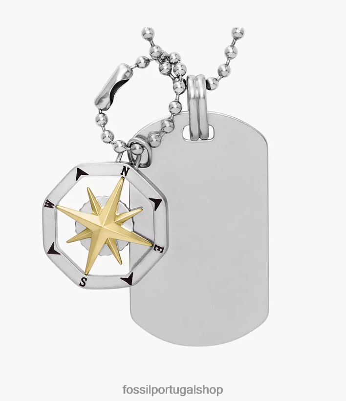 Fossil homens colar de etiqueta de cachorro de aço inoxidável com bússola sutton tom prata joia 40NJ6Z1902