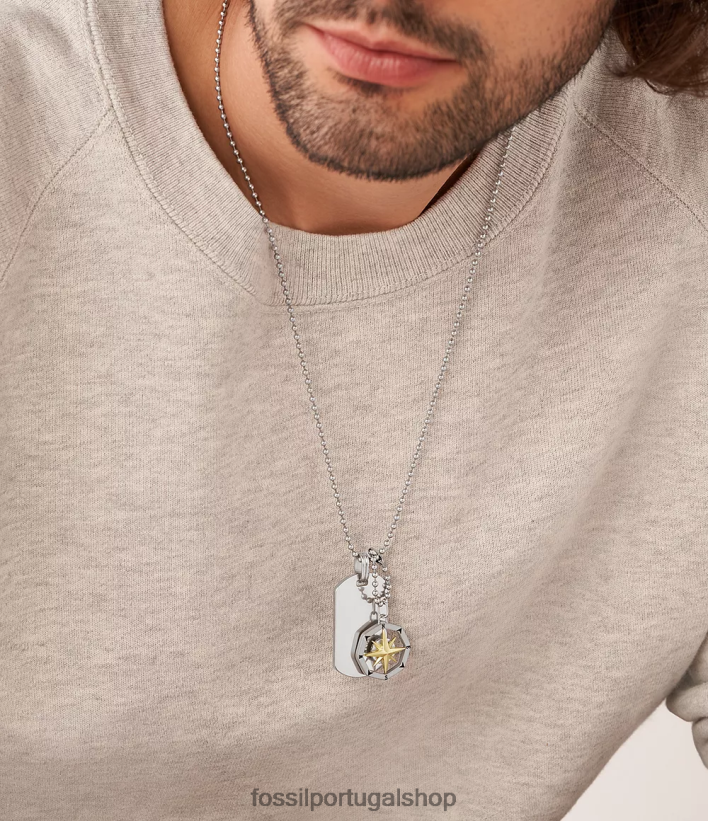 Fossil homens colar de etiqueta de cachorro de aço inoxidável com bússola sutton tom prata joia 40NJ6Z1902