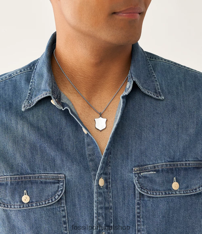 Fossil homens colar de pingente de aço inoxidável com escudo de herança tom prata joia 40NJ6Z1922