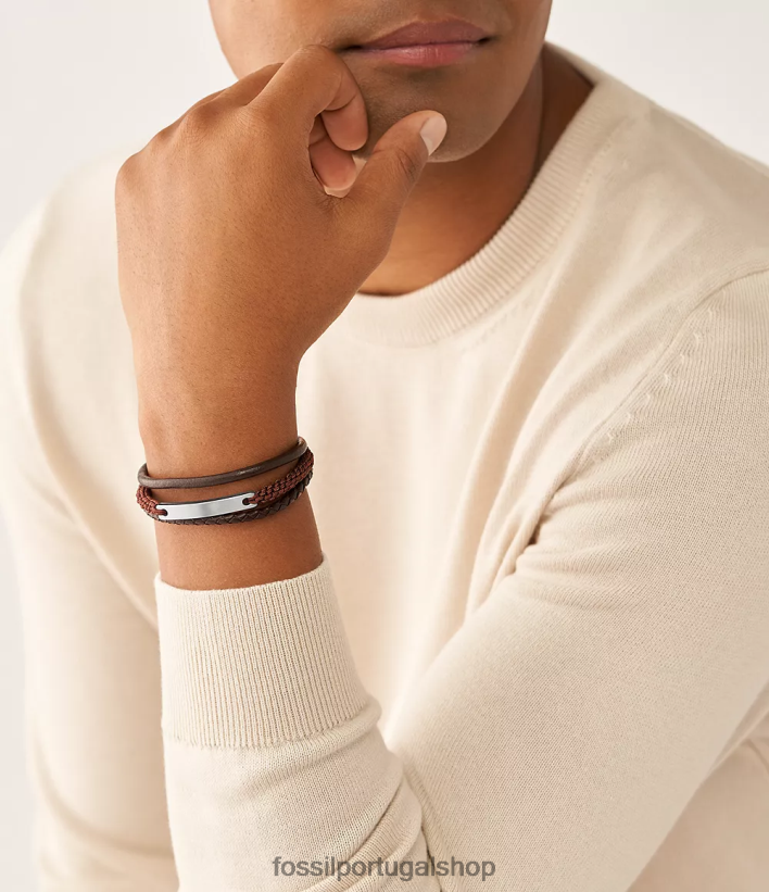 Fossil homens desenhou pulseira de couro com vários fios marrom joia 40NJ6Z1851