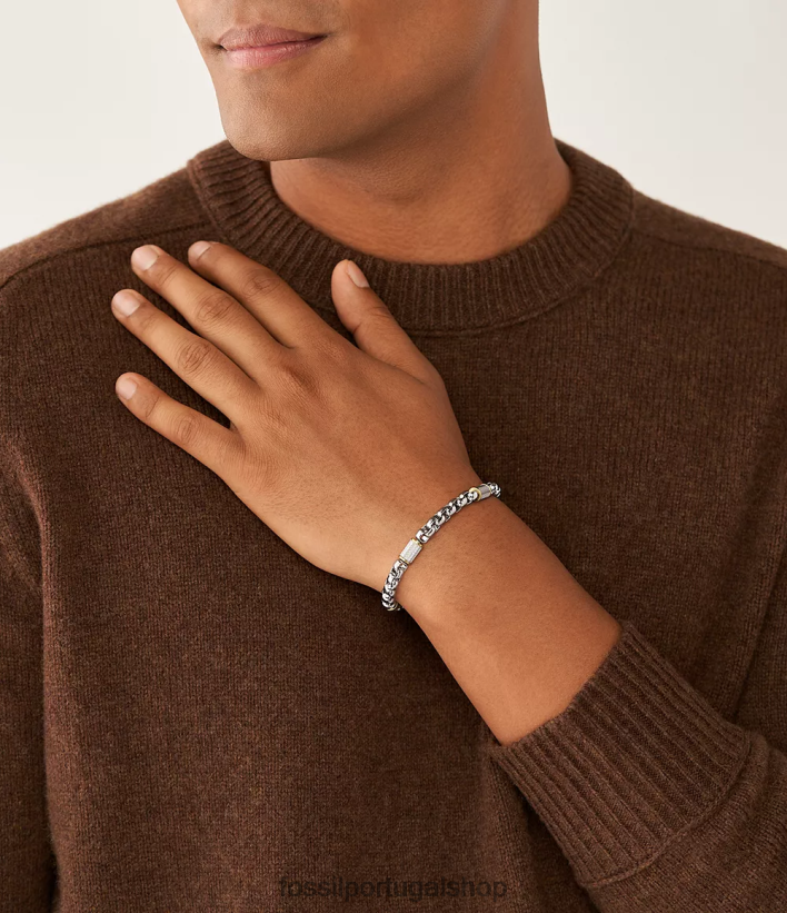 Fossil homens pulseira de corrente de aço inoxidável toda empilhada prata e ouro bicolor joia 40NJ6Z1863