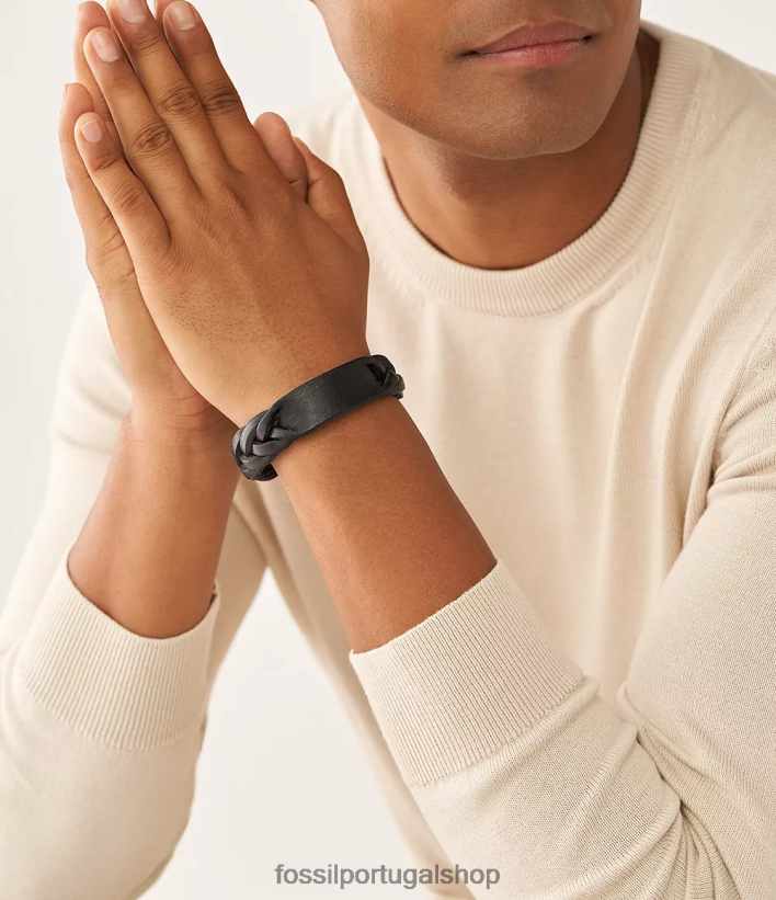 Fossil homens pulseira de couro trançado tradicional preto joia 40NJ6Z1958