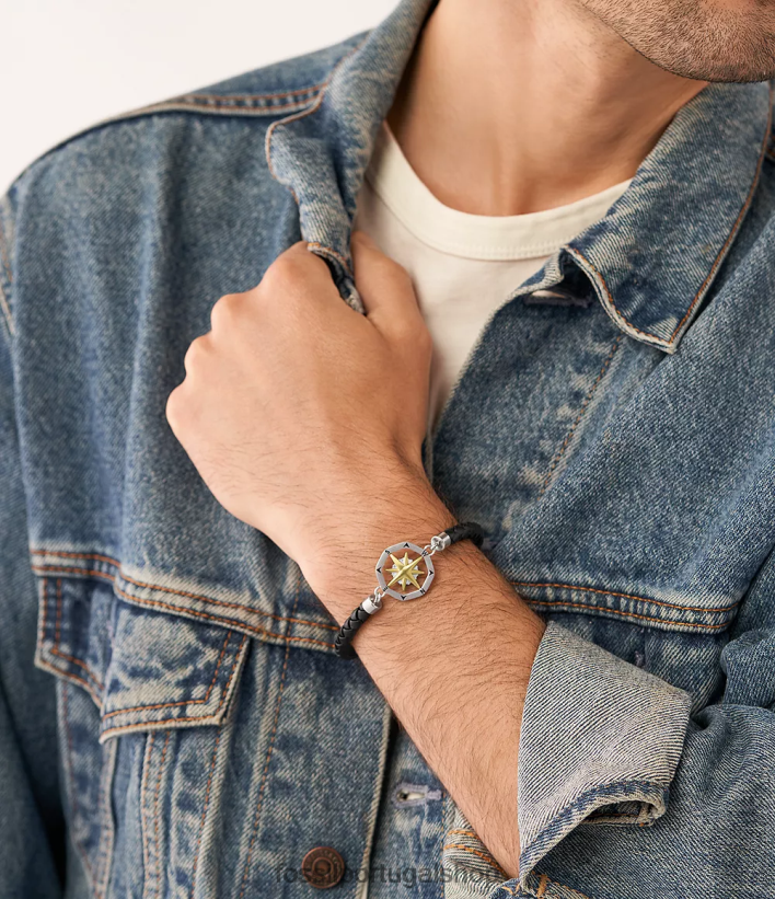 Fossil homens pulseira de estação de aço inoxidável com bússola sutton tom prata joia 40NJ6Z1882