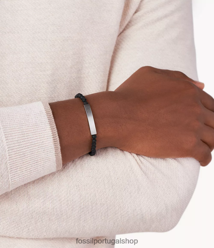 Fossil homens pulseira de pedra de lava em placa tom prata joia 40NJ6Z1848