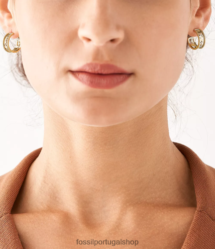 Fossil mulheres brincos de argola de aço inoxidável ícones sutton dourado joia 40NJ6Z1244