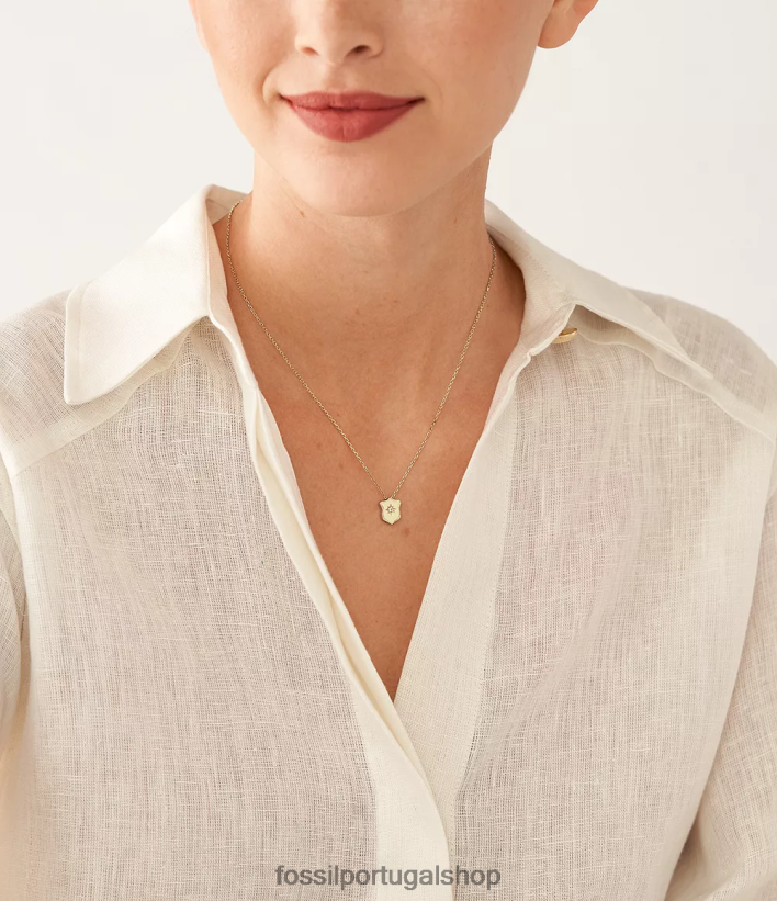 Fossil mulheres colar com pingente de escudo de aço inoxidável Heritage Essentials tom de ouro joia 40NJ6Z951