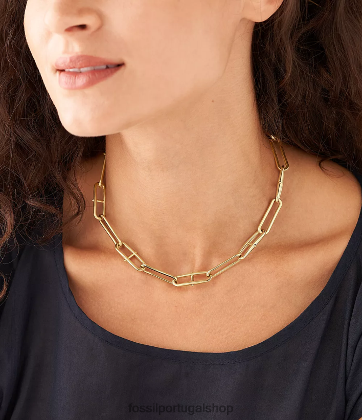 Fossil mulheres colar de corrente de aço inoxidável d-link Heritage tom de ouro joia 40NJ6Z902