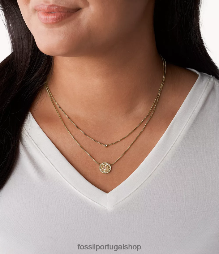 Fossil mulheres colar val duo em mosaico de aço inoxidável tom de ouro joia 40NJ6Z956