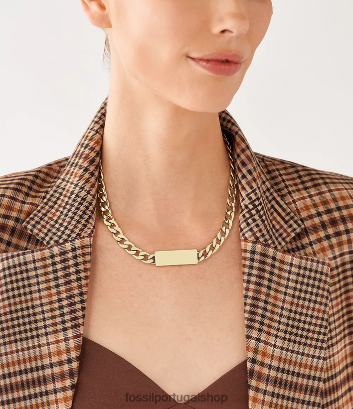 Fossil mulheres desenhou colar de identificação de aço inoxidável tom de ouro joia 40NJ6Z960