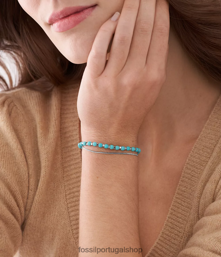 Fossil mulheres pulseira de contas com corrente toda empilhada turquesa reconstituída joia 40NJ6Z983