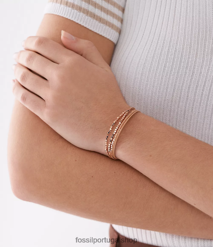 Fossil mulheres pulseira de corrente de couro toda empilhada marrom joia 40NJ6Z981