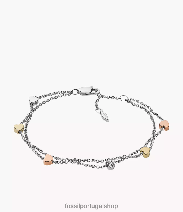Fossil mulheres pulseira sutton coração em aço tricolor com corrente dupla prata joia 40NJ6Z1015
