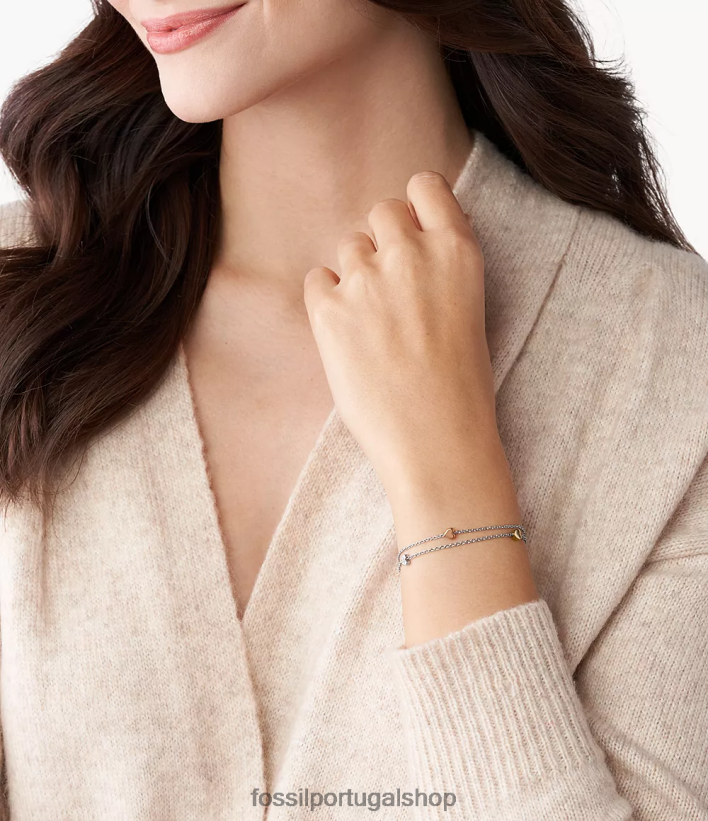 Fossil mulheres pulseira sutton coração em aço tricolor com corrente dupla prata joia 40NJ6Z1015