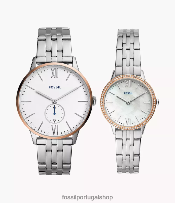 Fossil homens conjunto de caixa de relógio de três ponteiros em aço inoxidável para ele e ela prata assistir 40NJ6Z1568