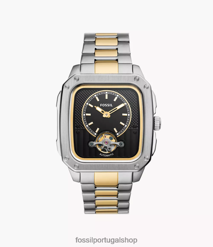 Fossil homens inscrição relógio automático de aço inoxidável dois tons assistir 40NJ6Z1383