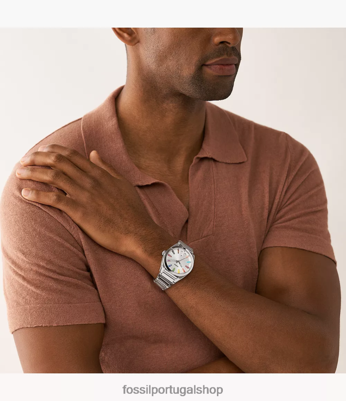 Fossil homens orgulho relógio de três ponteiros em aço inoxidável tom prata assistir 40NJ6Z1344