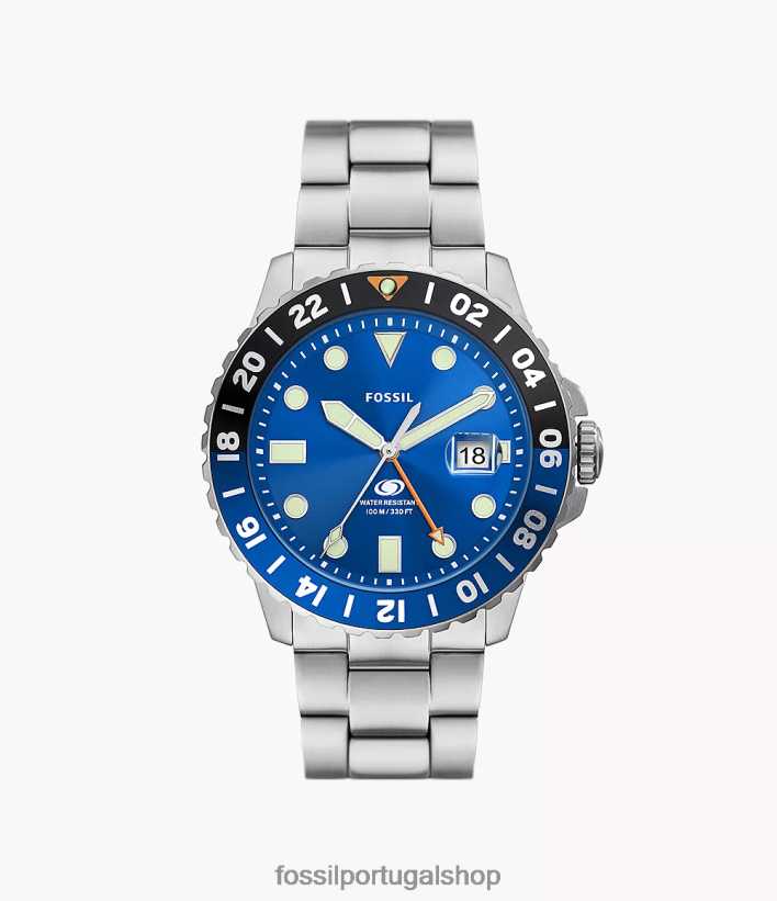 Fossil homens relógio de aço inoxidável gmt azul assistir 40NJ6Z1348