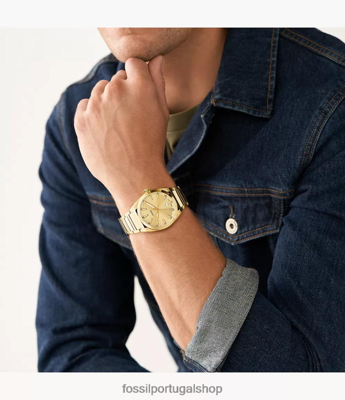 Fossil homens relógio everett em aço inoxidável com três ponteiros e data tom de ouro assistir 40NJ6Z1347