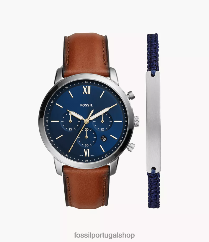 Fossil homens Conjunto de relógio e pulseira de couro com cronógrafo neutro para bagagem azul assistir 40NJ6Z1436