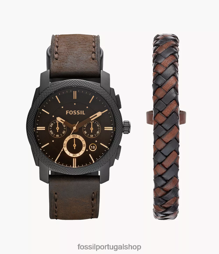 Fossil homens conjunto de caixa de relógio e pulseira de couro com cronógrafo de máquina marrom escuro assistir 40NJ6Z1457