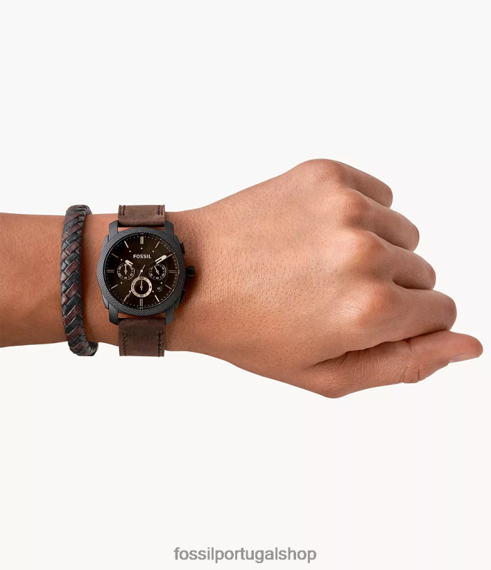 Fossil homens conjunto de caixa de relógio e pulseira de couro com cronógrafo de máquina marrom escuro assistir 40NJ6Z1457