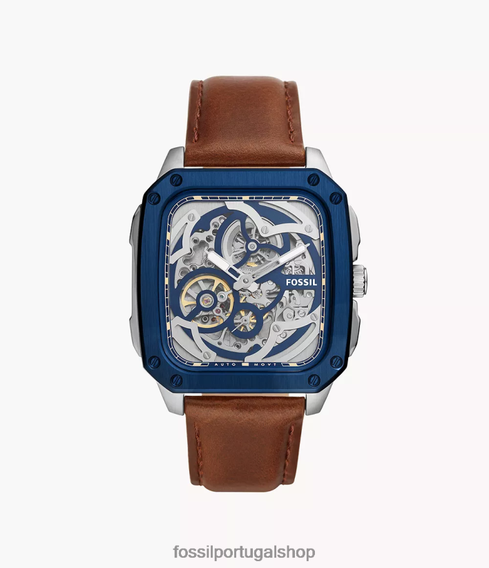 Fossil homens inscrição relógio de couro automático marrom assistir 40NJ6Z1428