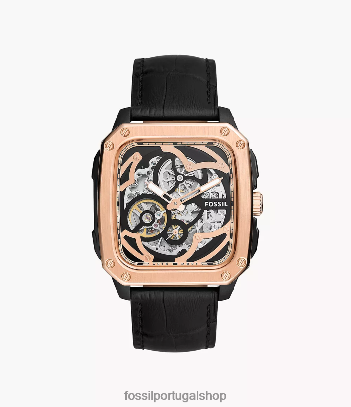 Fossil homens inscrição relógio de couro automático preto assistir 40NJ6Z1445