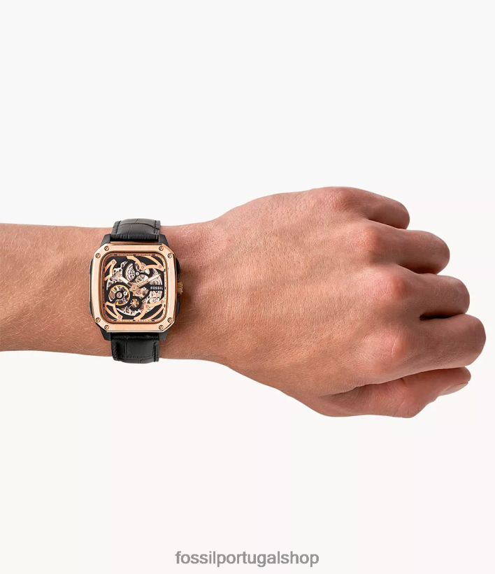 Fossil homens inscrição relógio de couro automático preto assistir 40NJ6Z1445