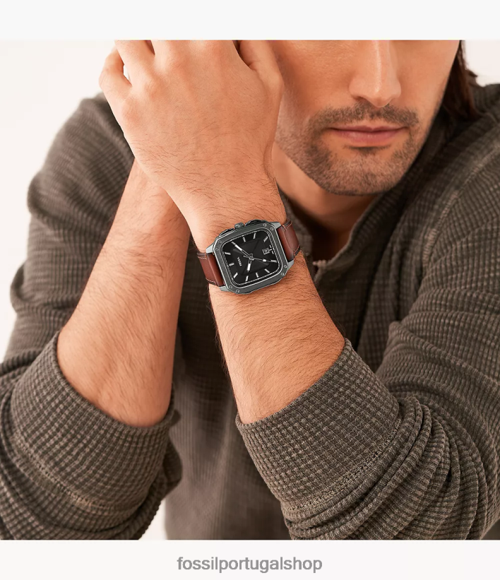 Fossil homens inscrição relógio de couro litehide com data de três ponteiros âmbar assistir 40NJ6Z1411