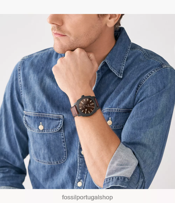 Fossil homens relógio de couro litehide com data de três ponteiros marrom escuro assistir 40NJ6Z1456