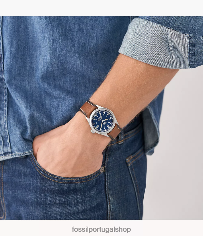 Fossil homens relógio defensor de couro litehide movido a energia solar bagagem assistir 40NJ6Z1429