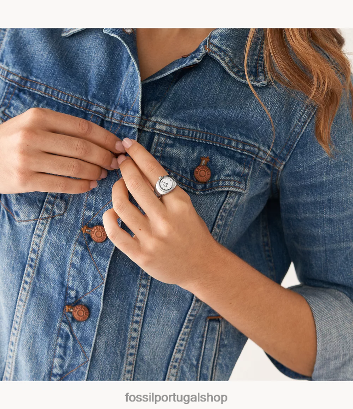 Fossil mulheres anel de relógio de duas mãos em aço inoxidável tom prata anel de relógio 40NJ6Z21