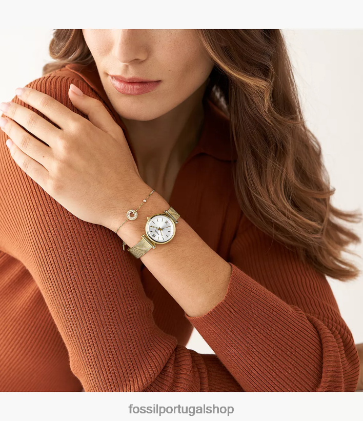 Fossil mulheres carlie relógio de malha de aço inoxidável de três ponteiros e conjunto de joias tom de ouro assistir 40NJ6Z63