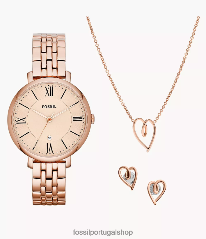 Fossil mulheres jacqueline conjunto de relógio e joias em aço inoxidável com data de três ponteiros tom de ouro rosa assistir 40NJ6Z65