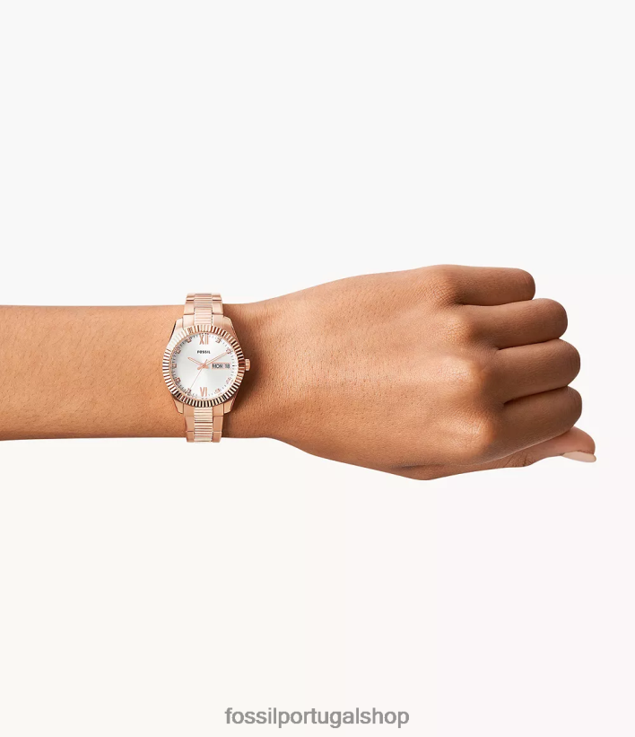Fossil mulheres relógio escarlate de três ponteiros em aço inoxidável com data e dia tom de ouro rosa assistir 40NJ6Z276