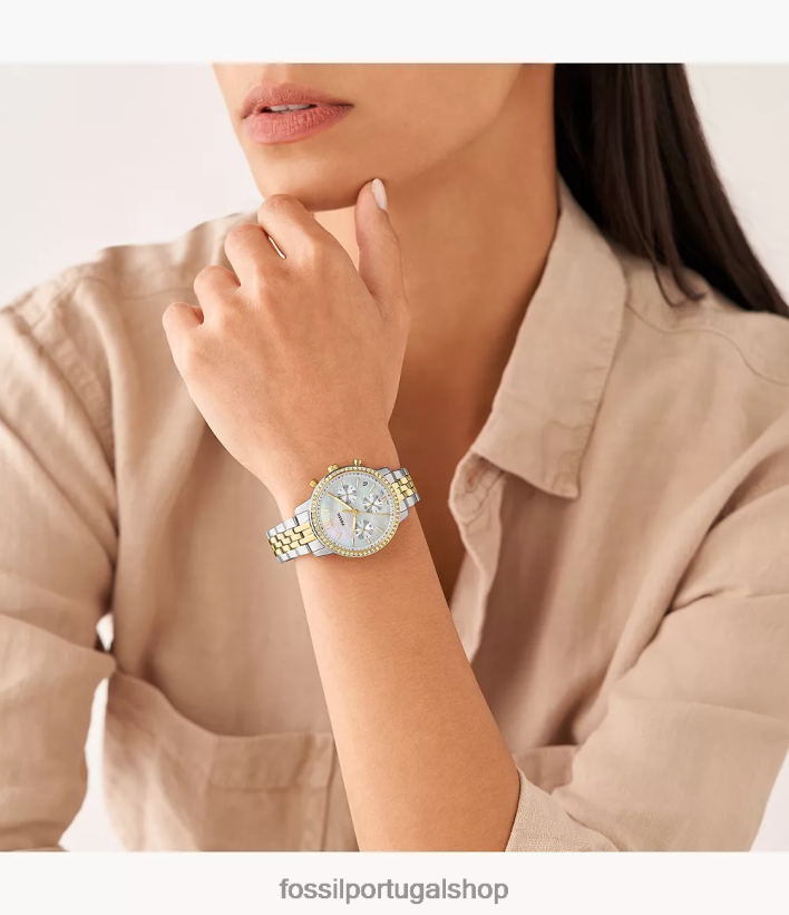 Fossil mulheres relógio neutro cronógrafo em aço inoxidável dois tons assistir 40NJ6Z54