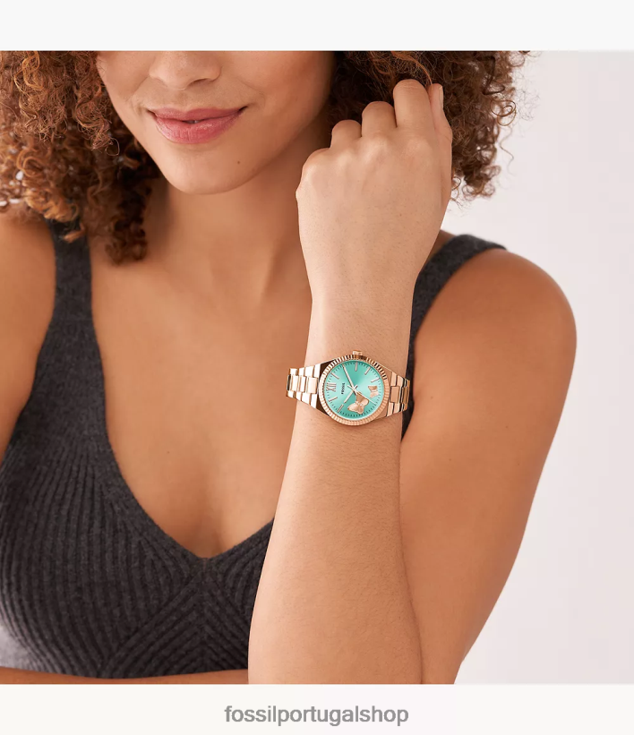 Fossil mulheres relógio scarlette de três ponteiros em aço inoxidável tom de ouro rosa assistir 40NJ6Z47