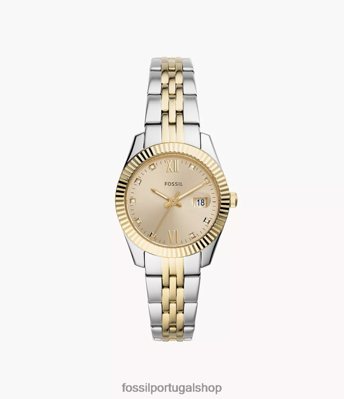 Fossil mulheres scarlette mini relógio de três ponteiros em aço inoxidável com data dois tons assistir 40NJ6Z41