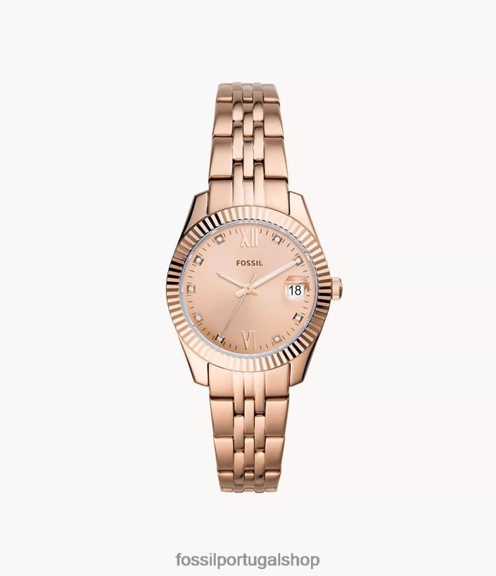 Fossil mulheres scarlette mini relógio de três ponteiros em aço inoxidável com data tom de ouro rosa assistir 40NJ6Z51
