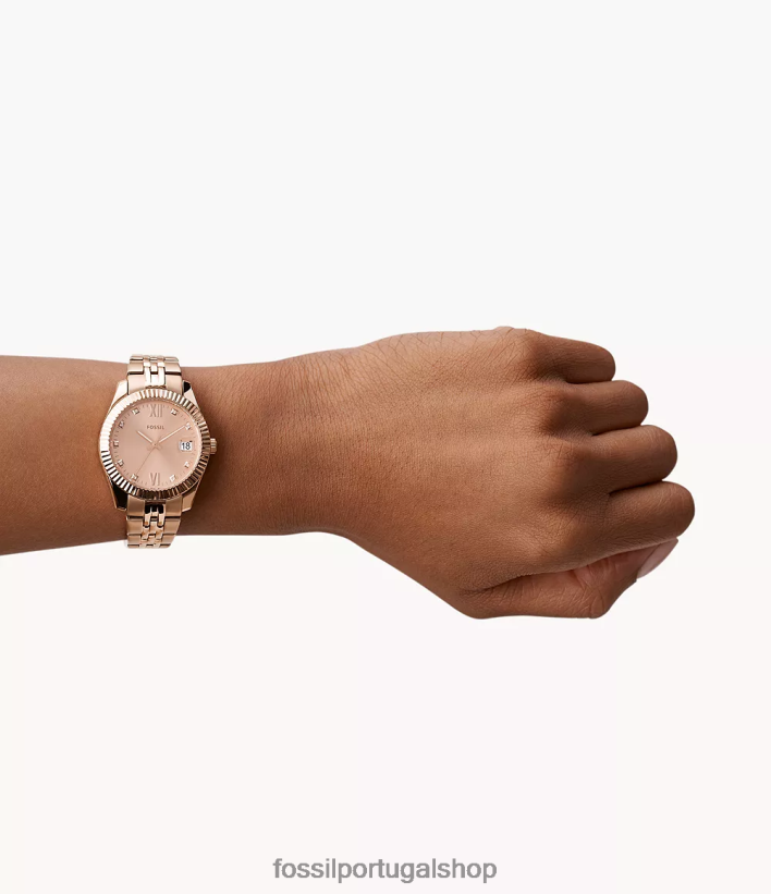 Fossil mulheres scarlette mini relógio de três ponteiros em aço inoxidável com data tom de ouro rosa assistir 40NJ6Z51