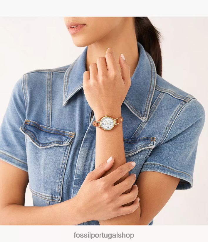 Fossil mulheres relógio carlie de couro litehide de três ponteiros Castanho médio assistir 40NJ6Z228
