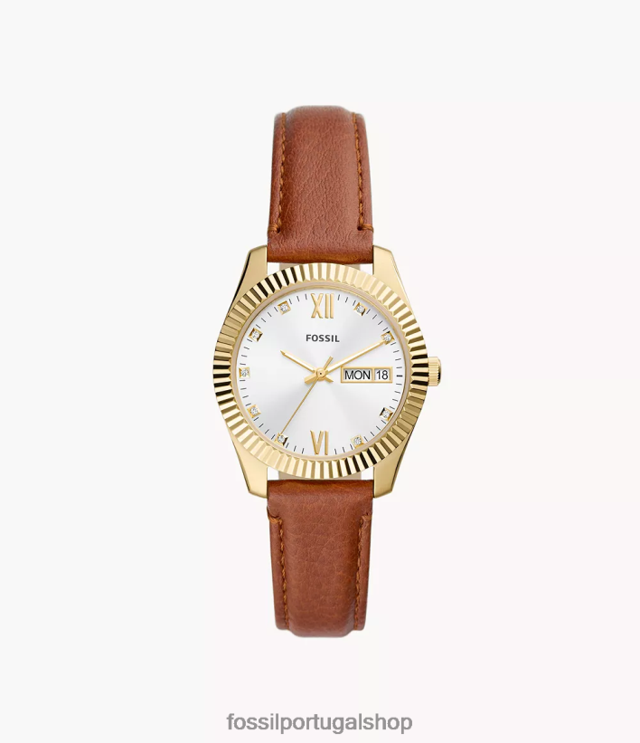 Fossil mulheres relógio escarlate de couro litehide com três ponteiros e data bronzeado assistir 40NJ6Z106