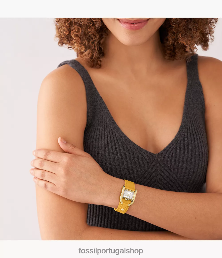 Fossil mulheres relógio harwell de couro litehide de três ponteiros amarelo assistir 40NJ6Z103
