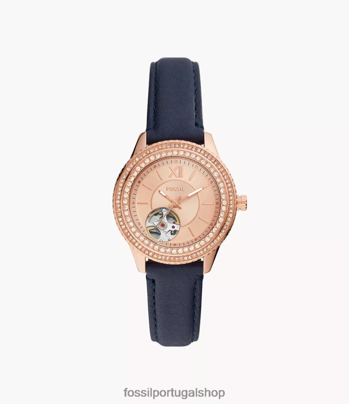 Fossil mulheres relógio stella automático em couro litehide marinha assistir 40NJ6Z88