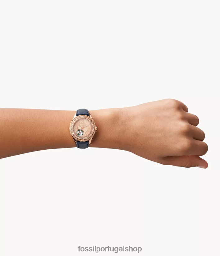 Fossil mulheres relógio stella automático em couro litehide marinha assistir 40NJ6Z88